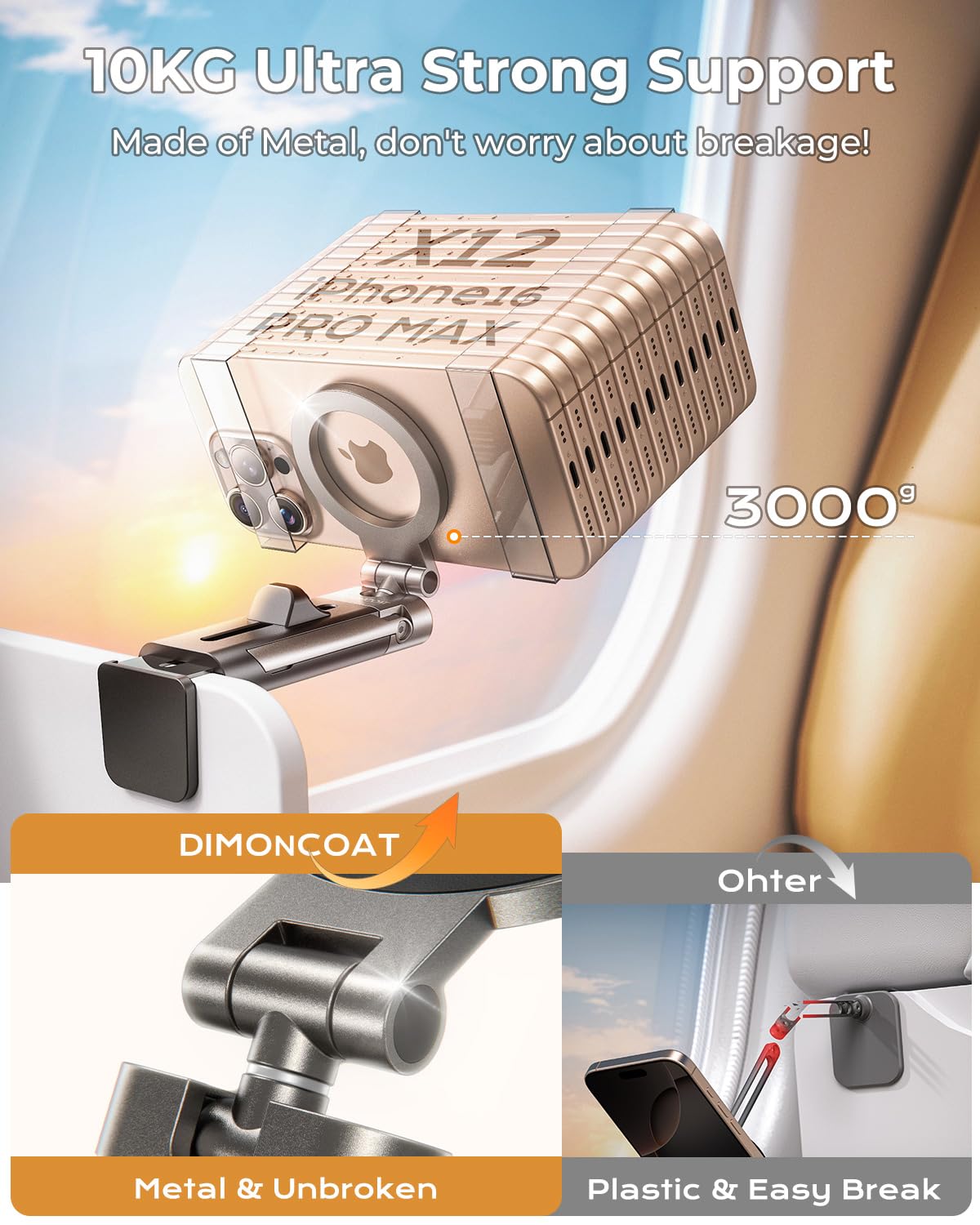 Dimoncoat For Metal Magsafe Airplane Phone Holder [24*N55 Ultra Magnetic] 360 Adjustable Hands-Free Airplane Phone Mount, Airpla