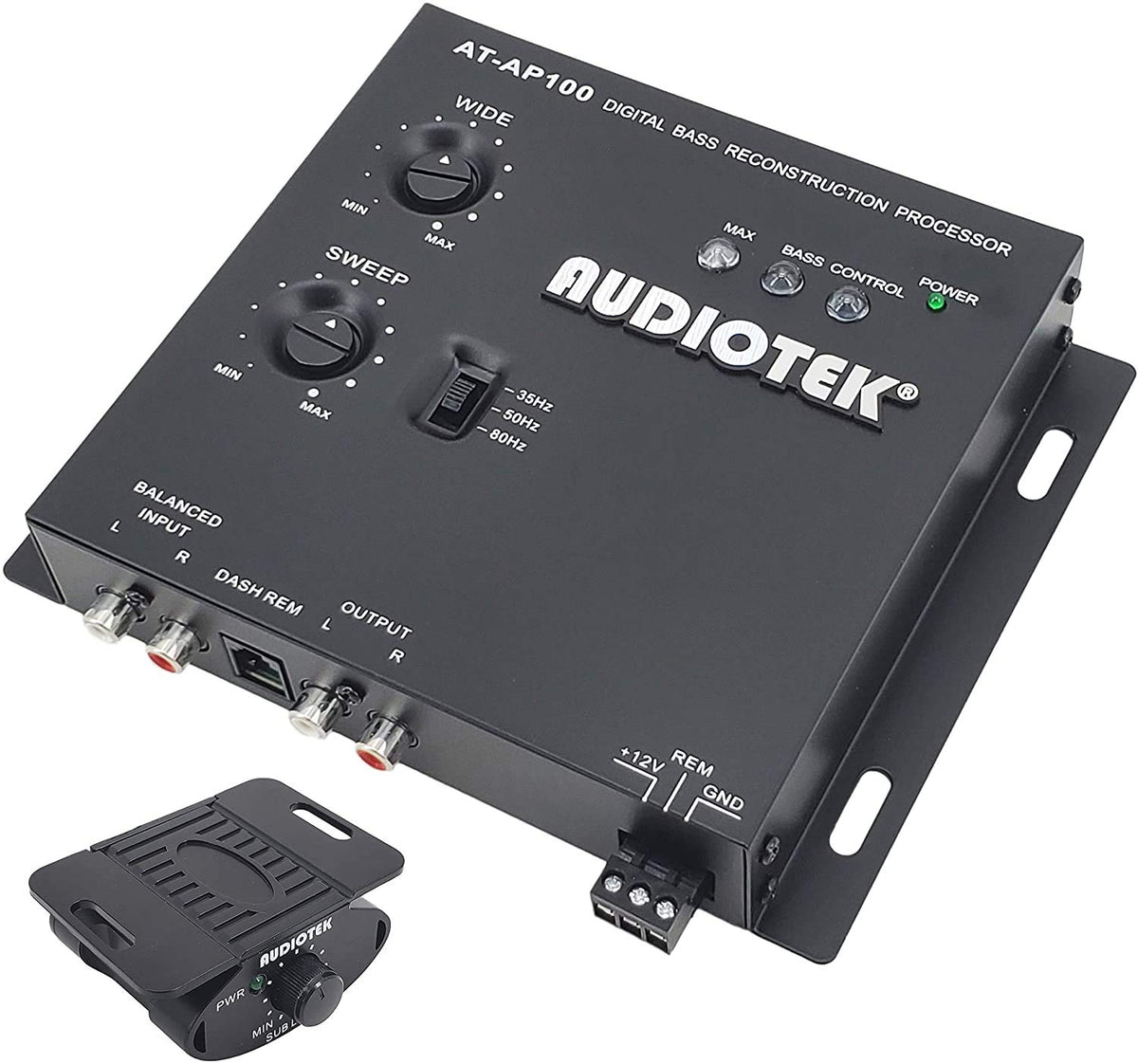 Audiotek At Ap100 1/2 Din Car Audio Digital Bass Processor & Sound Restoration, Crossover For Car Subwoofer Tuners W/Bass Knob Input 15V Rms And Maximum Output 13.5V Peak