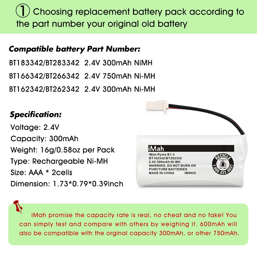 Imah Ryme B1 3 Bt162342 Bt262342 2.4V 300Mah Ni Mh Cordless Telephone Batteries Compatible With At&T Cl81101 El5210 El52400 Vtec