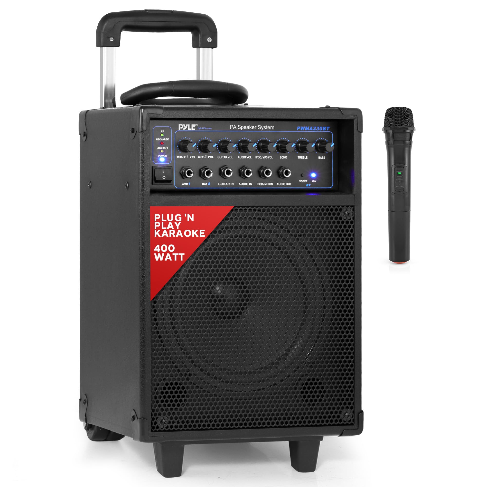 Pyle Wireless Portable PA System-400W Bluetooth Compatible Rechargeable Battery Powered Outdoor Sound Stereo Speaker Microphone 