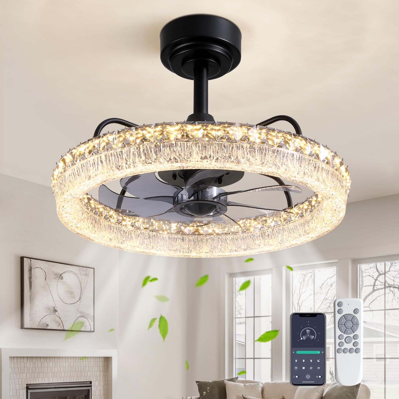 CROSSIO Crystal Ceiling Fan with Lights and Remote Control, 20 Low Profile Flush Mount Ceiling Fan, 6 Speeds, 3000-6000K Dimma