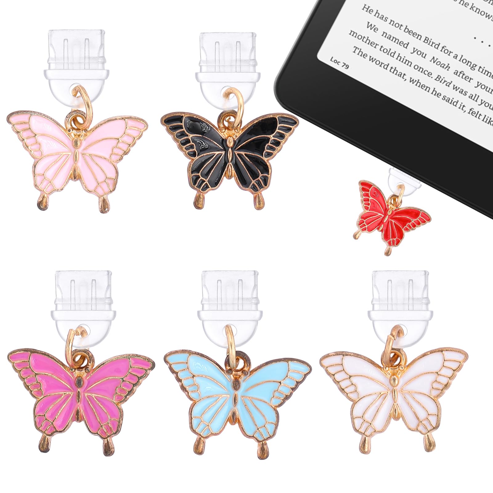 TAKEALOOKO Colorful Butterfly Dust Plug Charm - 6 Pack Type C Phone Charms Pendant, Cute Style Charging Port Protector for Kindl