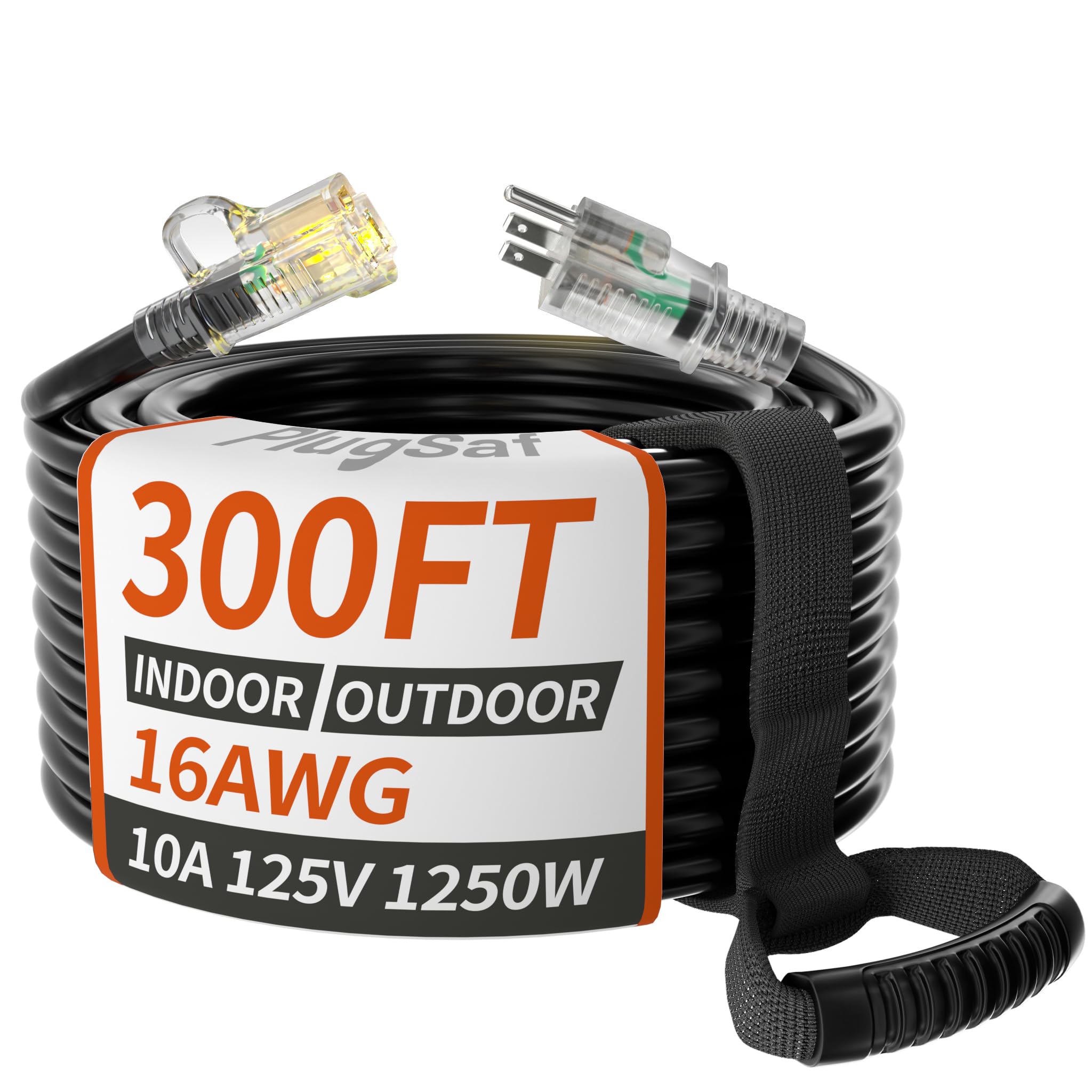 Plugsaf 16/3 Gauge Black Outdoor Extension Cord 300 Ft Waterproof With Lighted Indicator, Cold Weatherproof  40C, Flexible 3 Pro