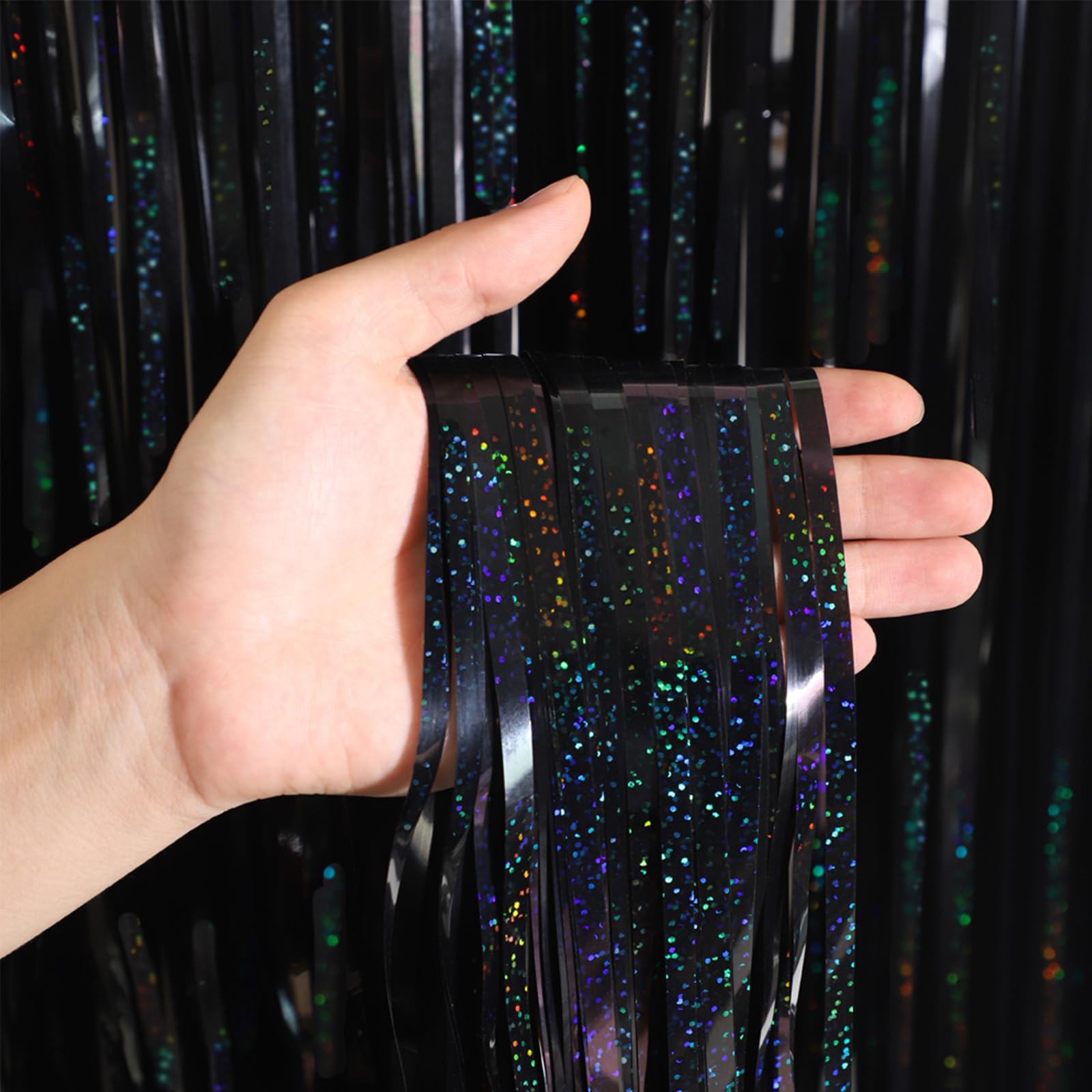 Melsan Black Fringe Curtains Party Decoration, 3.2 X 8Ft Black Tinsel Photo Streamer Backdrop For Birthday/Graduation/Halloween/