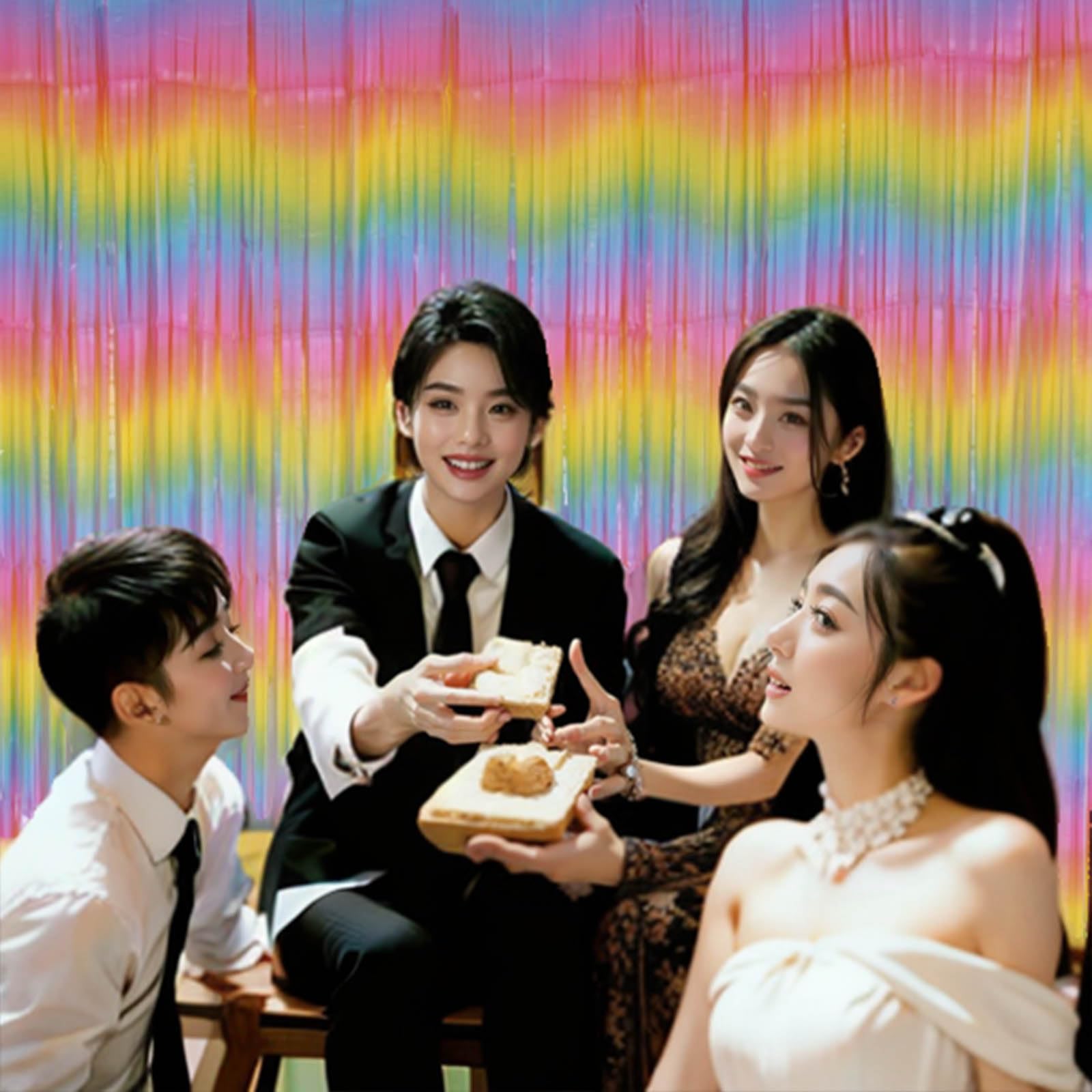 Xiksxitn 2 Pack 3.2 Ft X 8.2 Ft Pastel Rainbow Fringe Curtain Backdrop, Metallic Tinsel Foil Fringe Streamers Curtains Backgroun