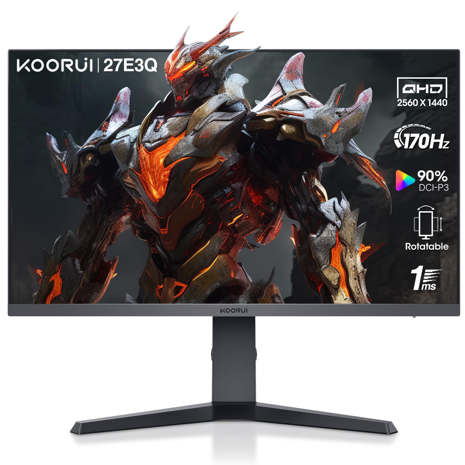 Koorui Monitor, 27'' Qhd Ips Gaming Monitor, 170Hz, 1Ms, Hdr400, Compatibility G Sync And Freesync, Tilt Pivot Swivel Vertical H