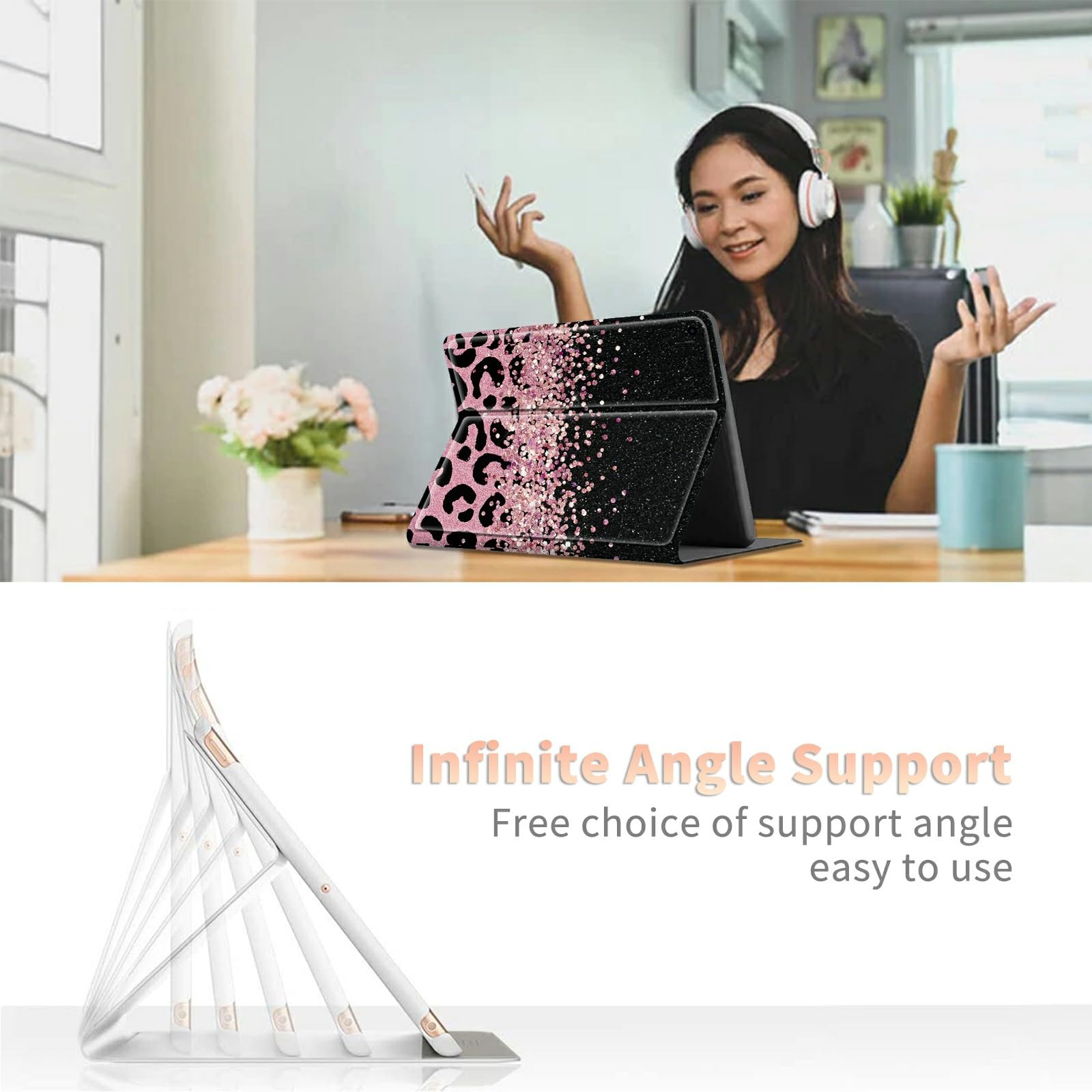 Pink Glitter Leopard Case For All New Kindle Fire Hd 10 Tablet 10.1'' (13Th Generation, 2023 Release), Pu Leather Folding Stand