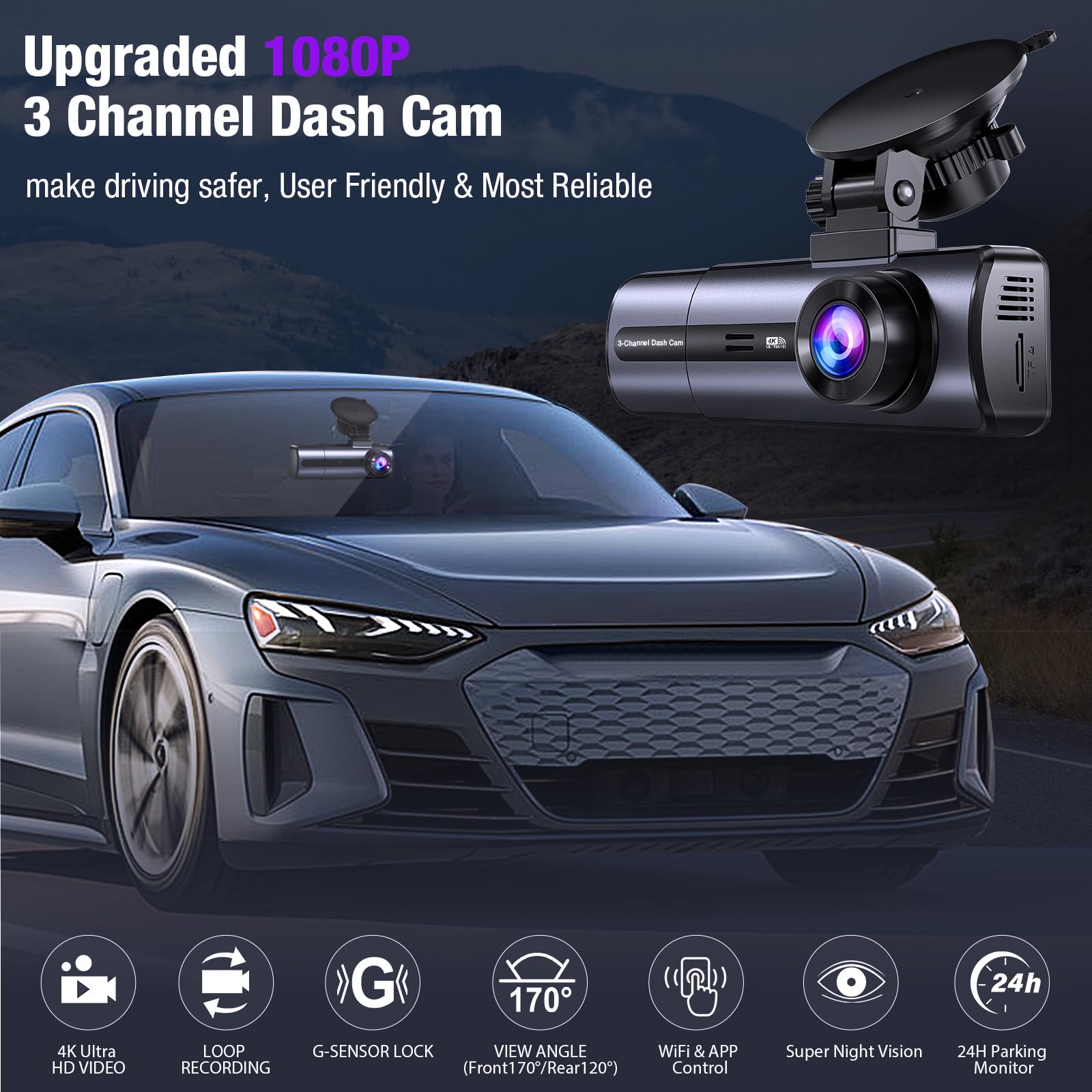 3 Channel 4K Dash Cam With 5Ghz Wifi & App Control, 4K/2.5K+1080P+1080P Front Inside And Rear, Triple Dash Camera With 64Gb Card