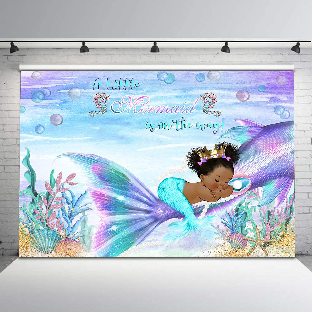 Mocsicka Backdrop Under The Sea Mermaid Princess Baby Shower Decorations 7X5Ft Glitter Mermaid Tail Seashell Starfish Pearl Ocean Bubble Background For Girls