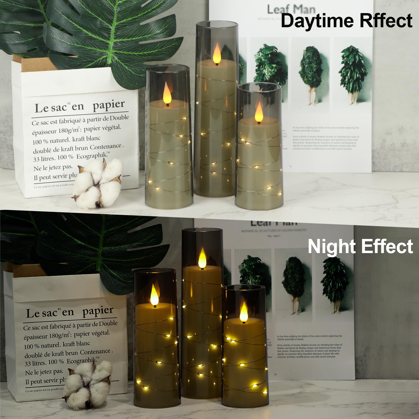 Genswin Flickering Flameless Candles With 2 Remote Timer, 3 Pack Led Battery Operated Candles With Embedded Star String, Battery