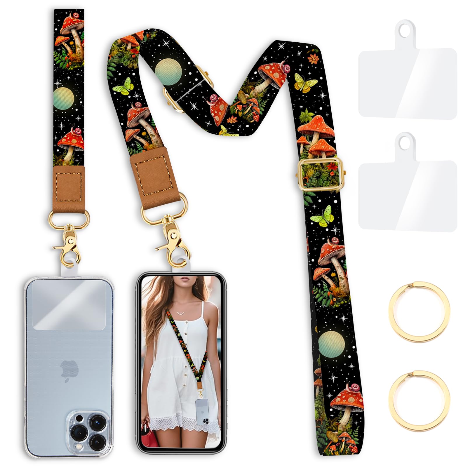 Yonlevres Cell Phone Lanyard Crossbody With Wrist Strap, Mushroom Butterfly Phone Lanyards For Around The Neck Wristlet Adjustab