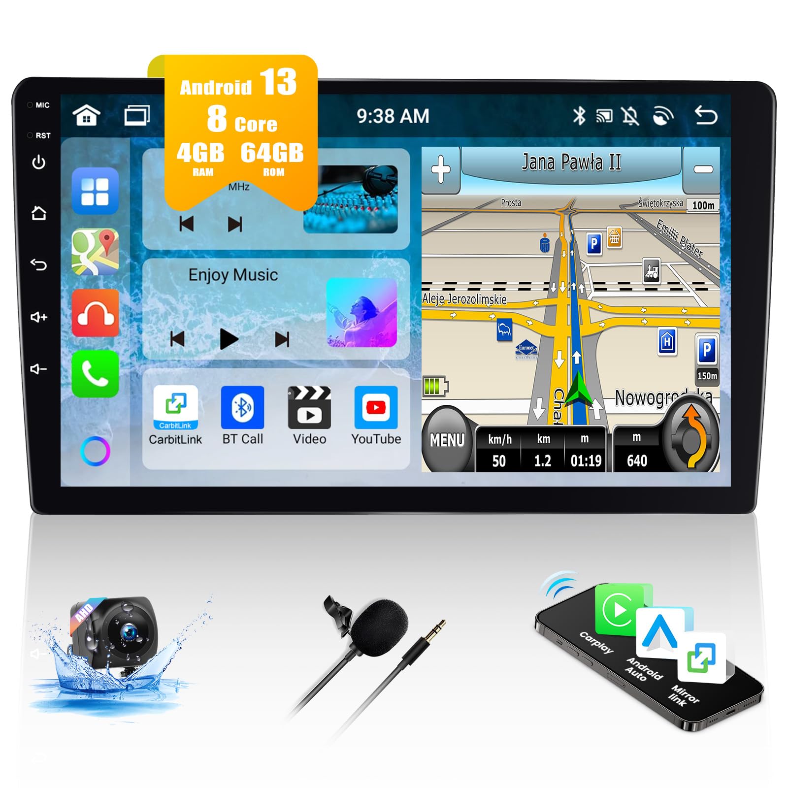 [4+64Gb] 8 Core Android 13 Double Din Car Stereo With Wireless Carplay&Android Auto,9 Inch Car Radio Support Mirror Link Wifi Gps Navigation Bluetooth Fm/Rds Radio Eq/Hifi/Dsp/Swc+Ahd Backup Camera