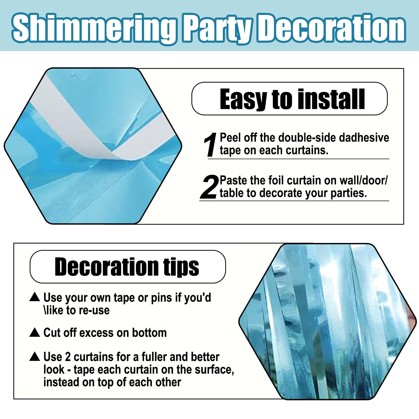 3 Pack Light Blue Foil Fringe Curtain Backdrop, 3.28Ft X 6.6Ft Metallic Tinsel Foil Fringe Streamer Curtains For Photo Booth, Ch