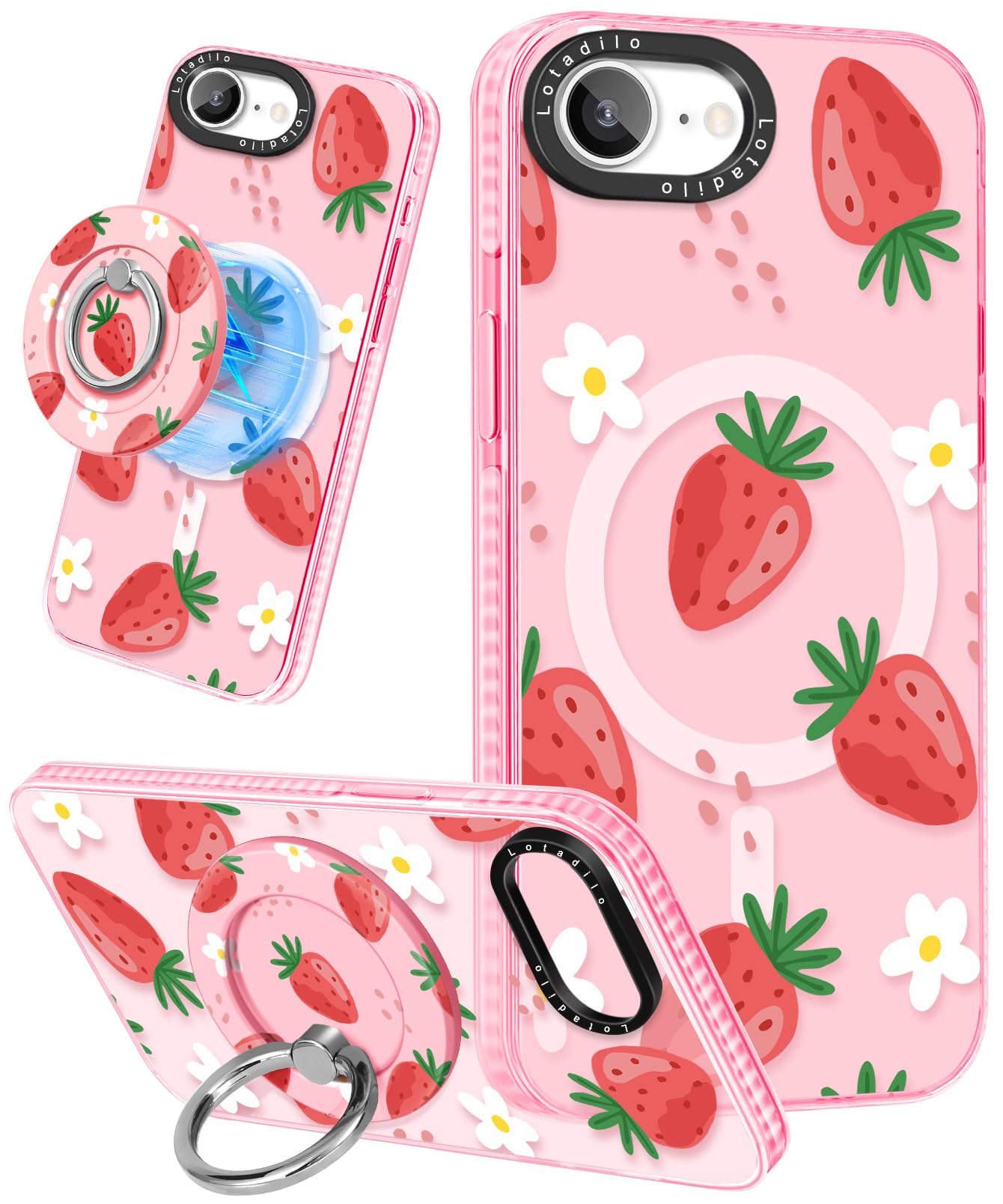 Lotadilo Cute Case for iPhone 16e for Women Girls - Funny Strawberry Flower Design Compatible with Magsafe Magnetic Ring Holder 