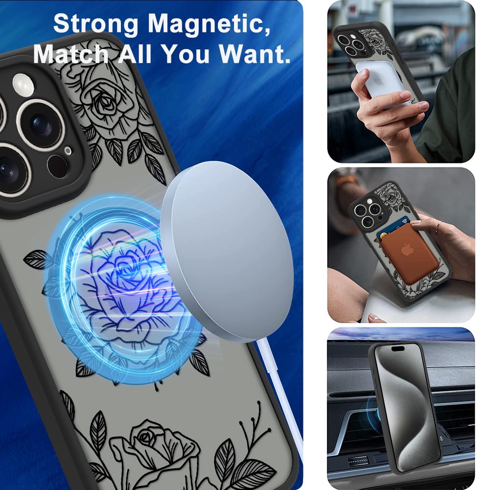 Ook Magnetic For Iphone 15 Pro Max Case Black Flower Floral Pattern [Compatible With Magsafe] Slim Translucent Matte Camera Lens