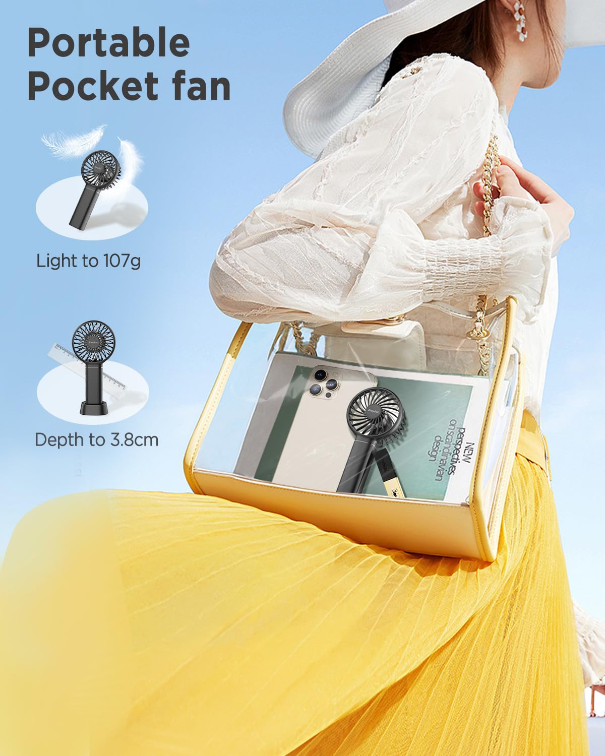 Easyacc Mini Portable Fan Handheld Fan, 3 Speed Usb C Rechargeable Battery Operated Mini Pocket Personal Lash Fan With Lanyard B