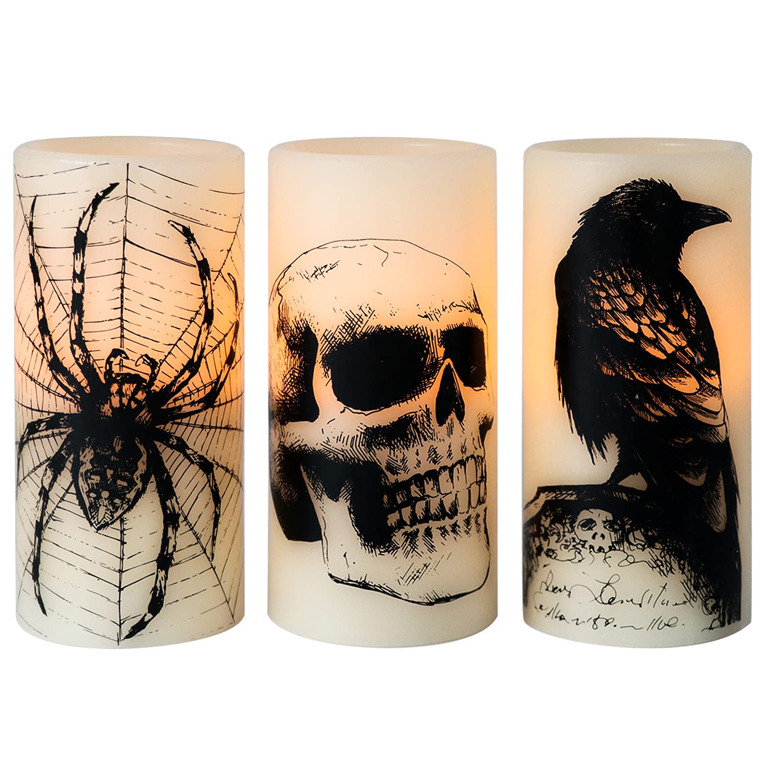 Eldnacele Halloween Flickering Candles With Skull, Spider Web, Crow Raven Decals Set Of 3, Battery Operated Halloween Themed Led