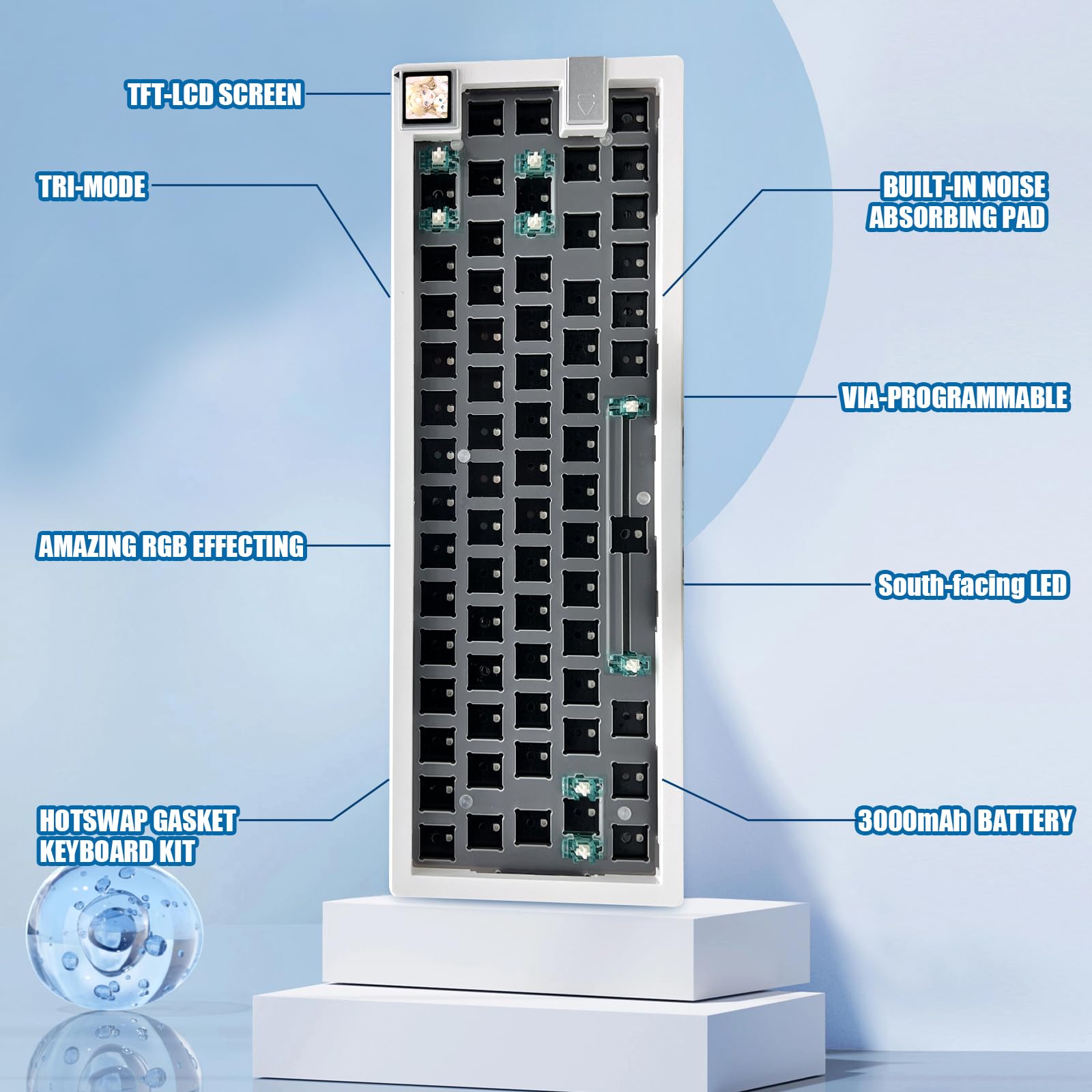 Boyi Gmk67S 65% Keyboard Kit With Tft Lcd Screen,Hot Swap Bt5.0/2.4G/Type C Tri Mode Wireless Gasket Structure Kit Rgb Mechanica
