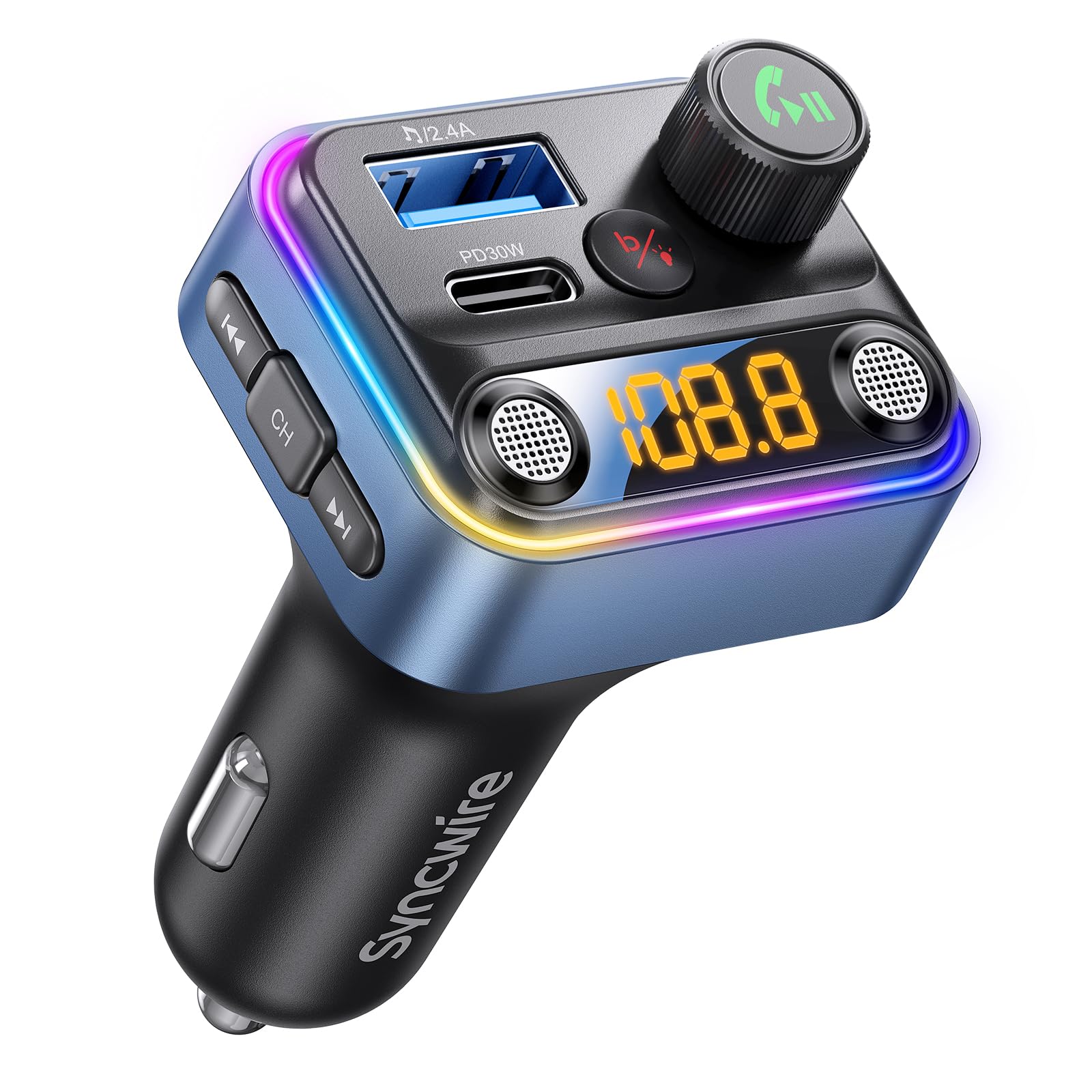 Syncwire Bluetooth 5.4 Fm Transmitter Car Adapter 42W [Light Switch] [Stronger Dual Mics] [Hifi Bass Sound] [Fast Charging] Wire