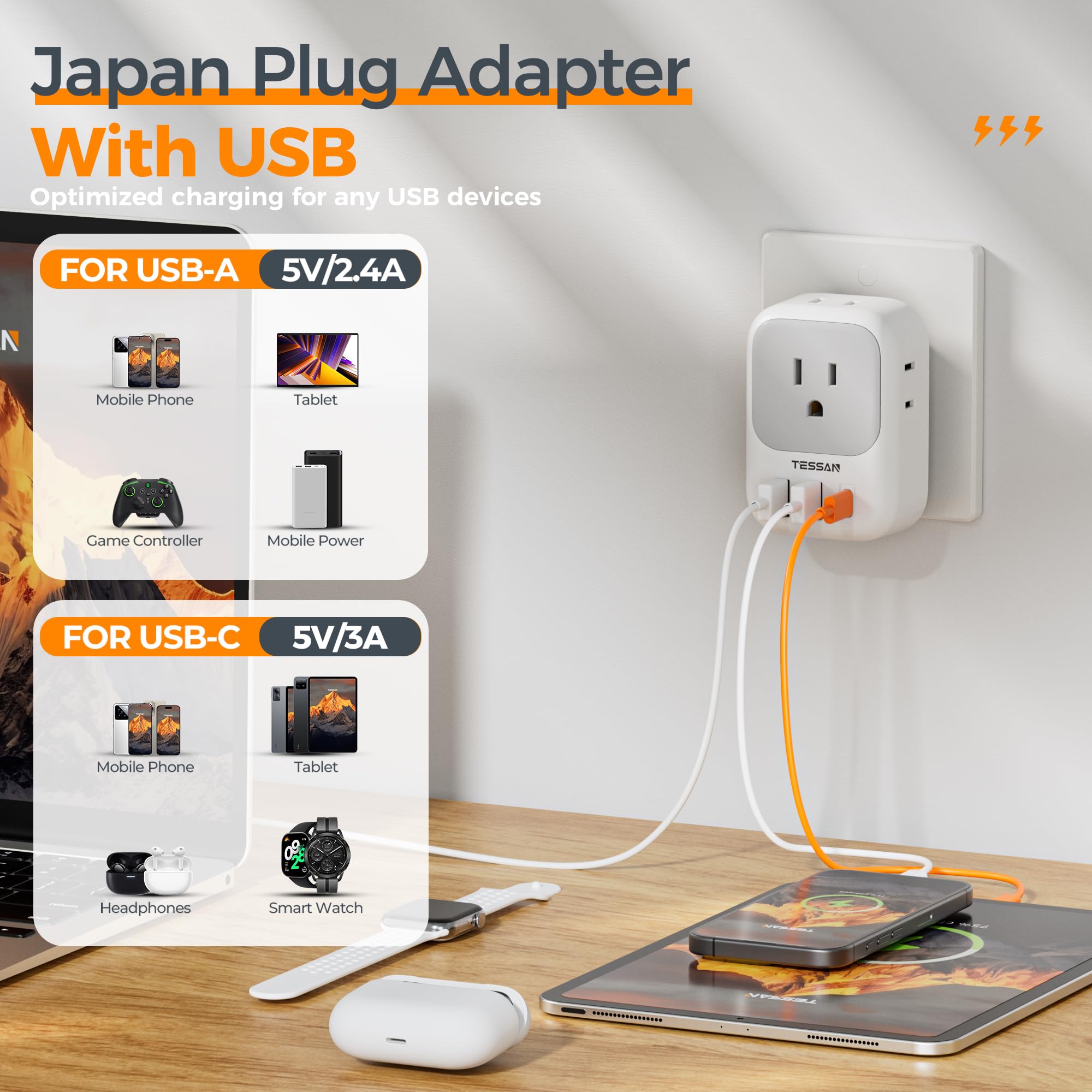 Tessan 2 Prong To 3 Prong Adapter, Multi Plug Outlet Extender With 4 Outlets 3 Usb Ports(1 Usb C), Type A Travel Converter For U