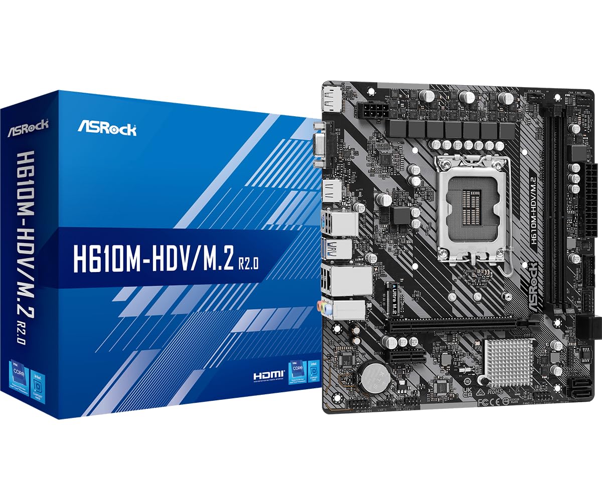 ASRock H610M-HDV/M.2 R2.0 Micro-ATX Motherboard, Supports Intel 14th/13th/12th Gen Core Processors (LGA1700), DDR4 3200, PCIe 4.