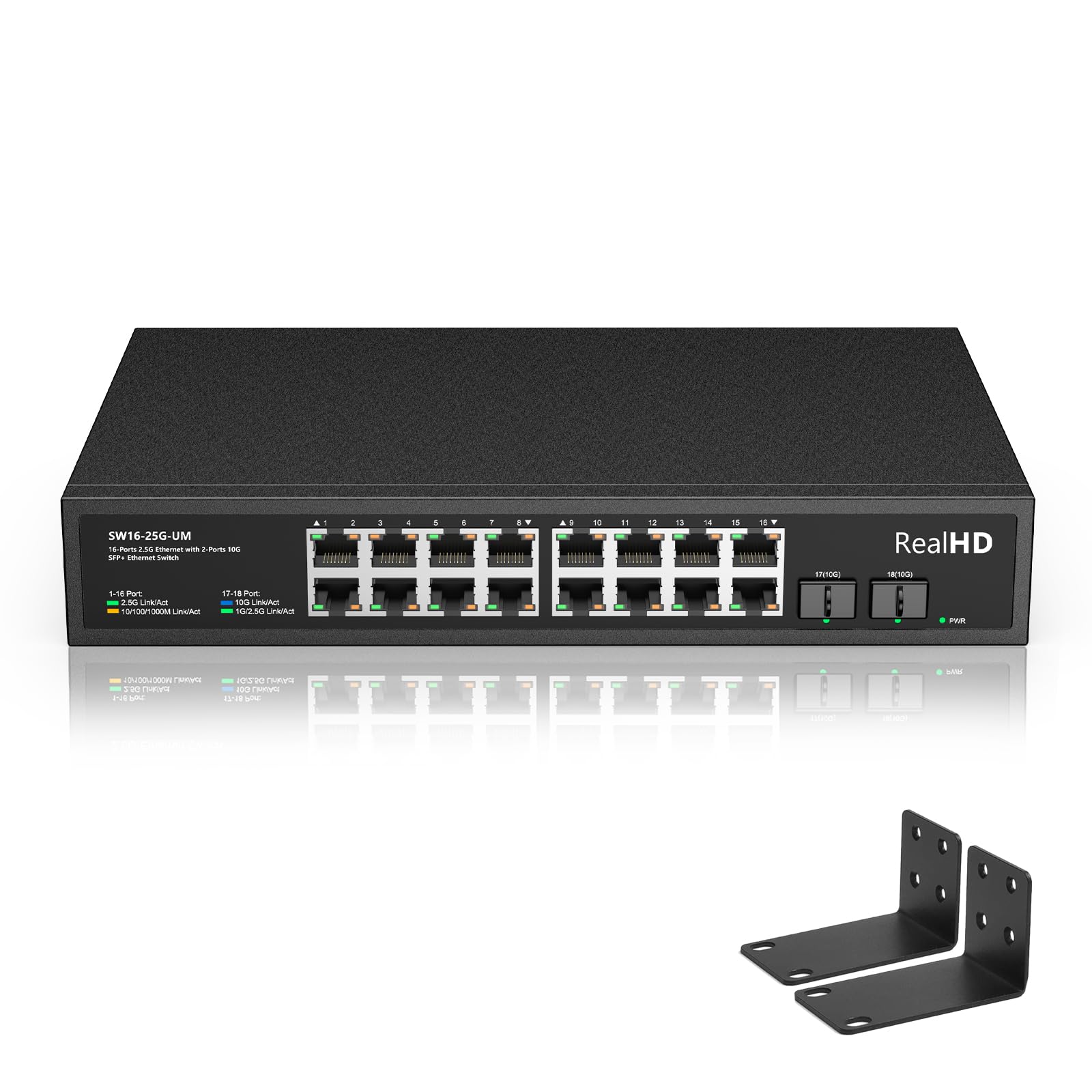 Real HD 16 Port 2.5Gb Unmanaged Ethernet Network Switch with 16 x 2.5G Base-T Port, 2 x 10G SFP+, Work with 10-100-1000Mbps, 120
