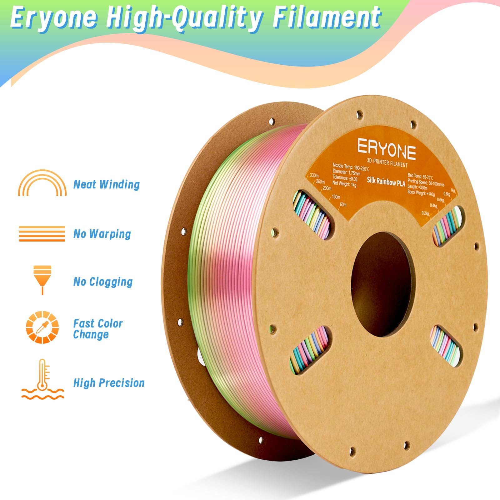 Eryone Metal Luster Silk Rainbow Filament Pla 1.75Mm For 3D Printer +/  0.03 Mm, 1Kg (2.2Lbs)/Spool