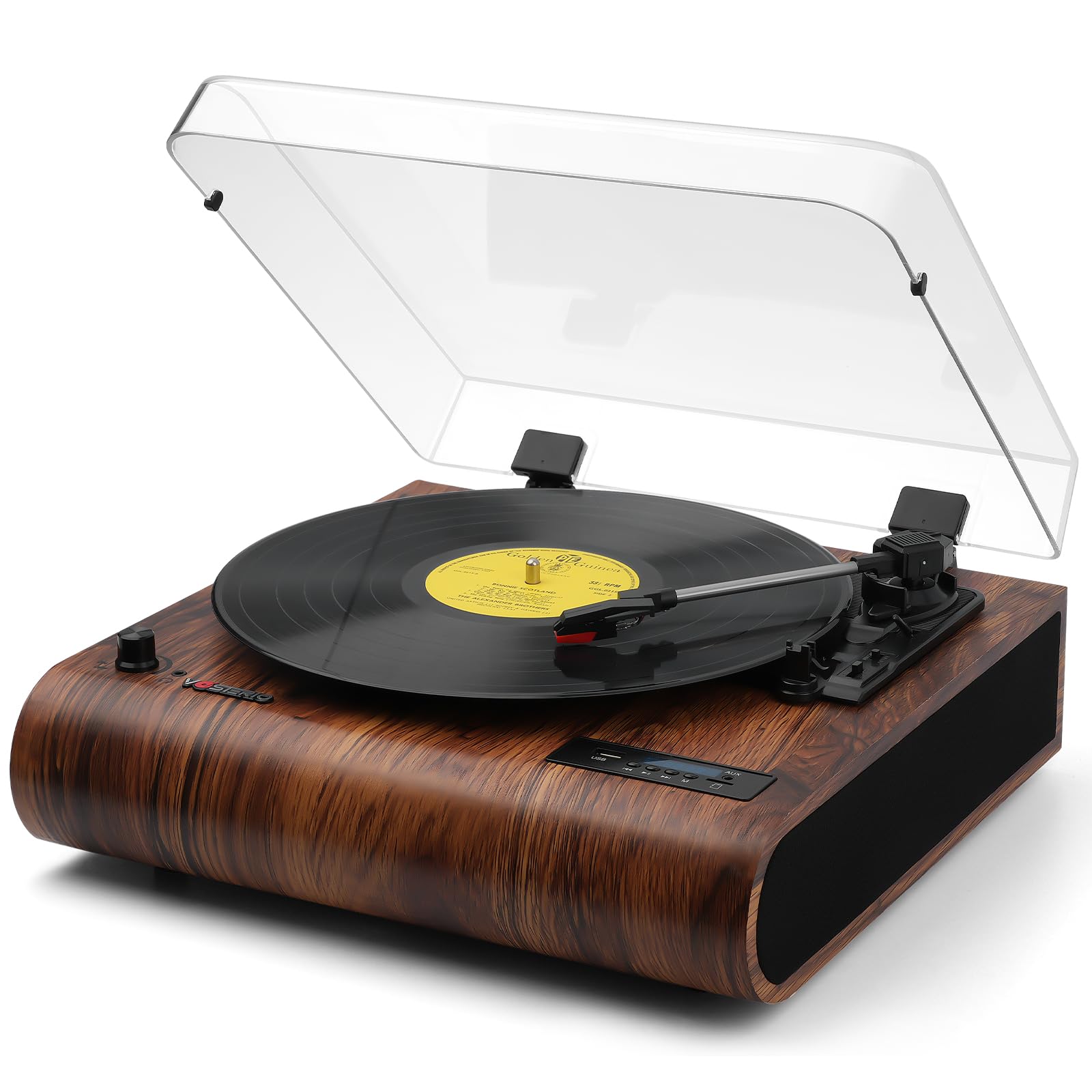 VOSTERIO Bluetooth Record Player, 3-Speed Turntable, Retro LP Vinyl Player, Brown, Model b-692, Built-in Speakers, USB & SD Card Recording
