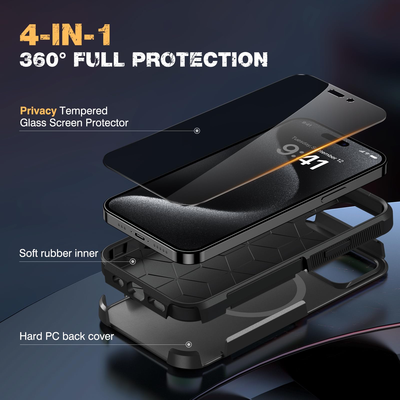 Diaclara Magnetic For Iphone 15 Pro Max Case, [With Privacy Screen Protector] [Anti Spy] [Military Grade Drop Protection] Heavy