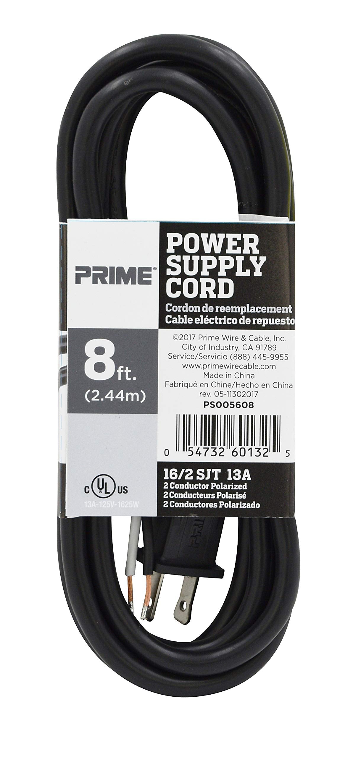 Prime Ps005608 8 Feet 16/2 Sjt Replacement Power Supply Cord, Black