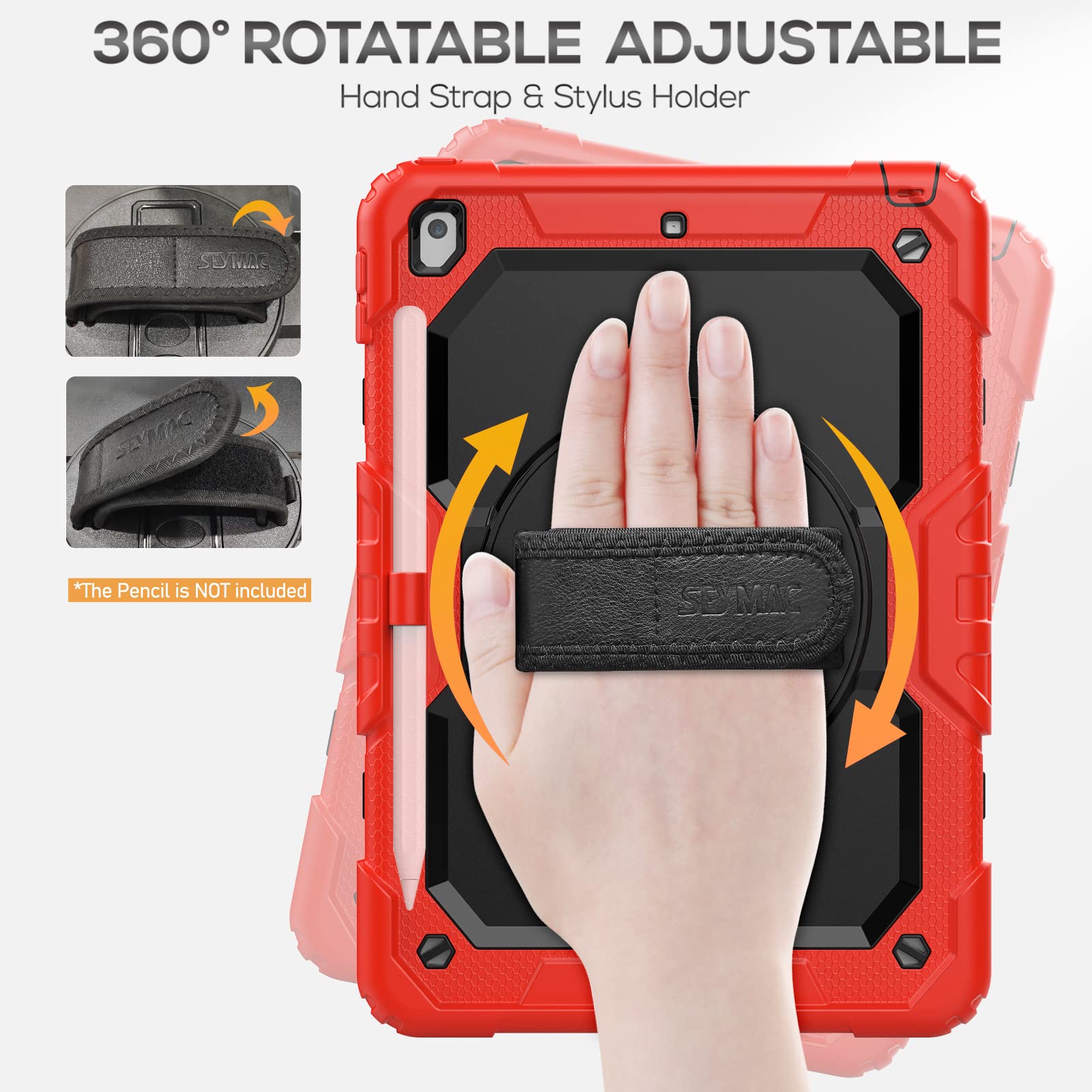 Seymac Case For Ipad 9Th/8Th/7Th Generation Case 10.2' 2021 2019, Full Body Shockproof Heavy Duty Protective Case With Screen Protector, 360� Rotating Stand/Handle/Shoulder Strap For Ipad 10.2, Red