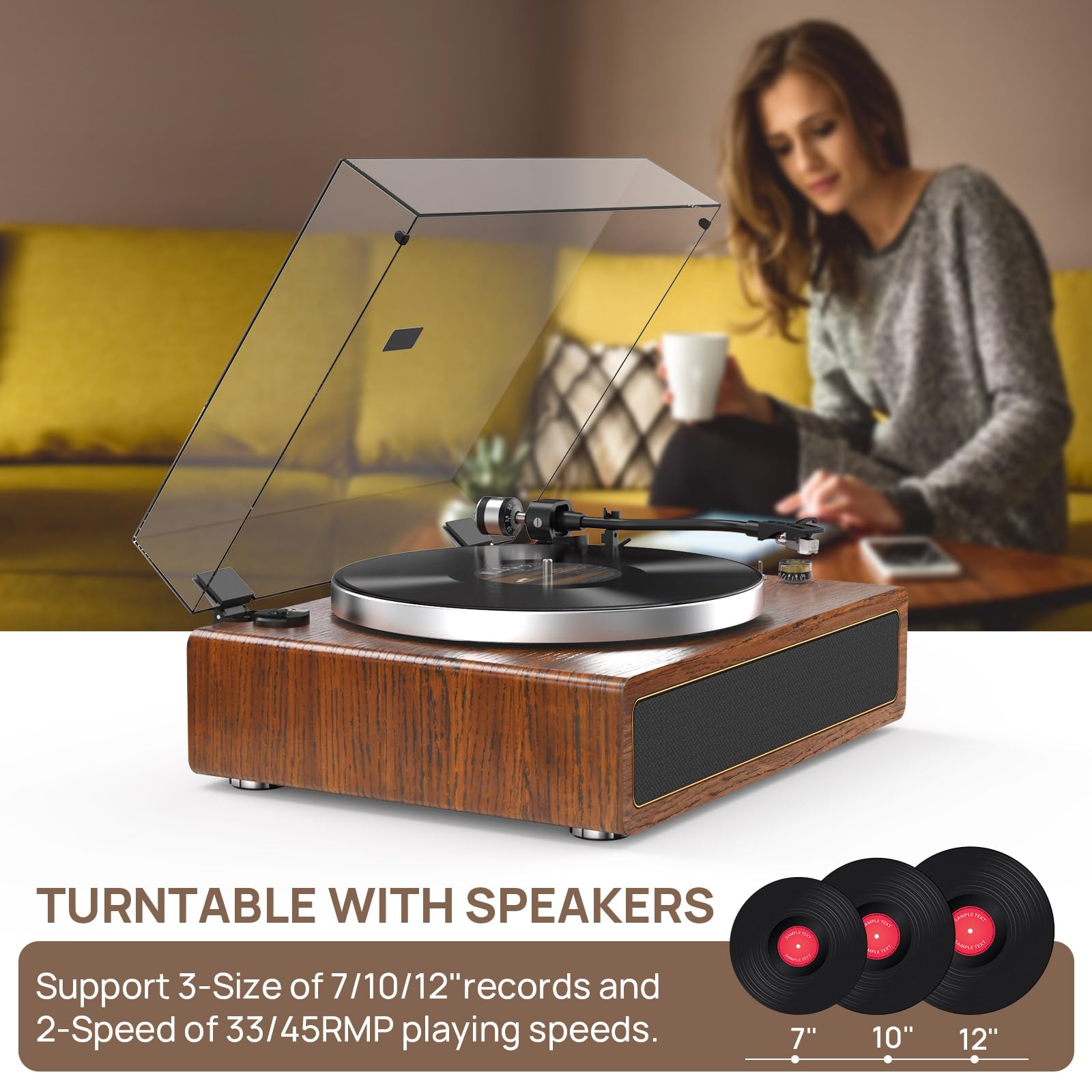 Turntable Record Player With Built In Speakers, Vinyl Record Player Support Bluetooth Playback Auto Stop 33&45 Rpm Speed Rca Lin