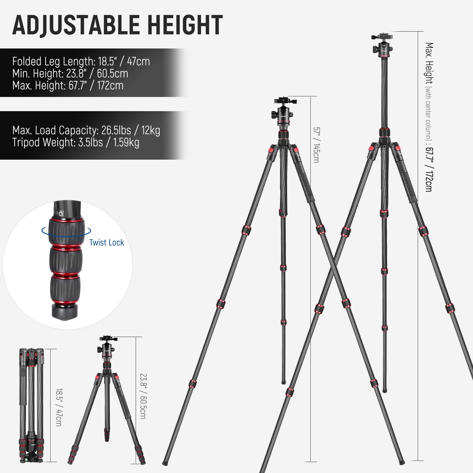 Neewer 66''/168Cm Carbon Fiber Tripod For Camera With 360 Panorama Ball Head, 1/4'' Arca Qr Plate, Portable Bag, Compact Travel