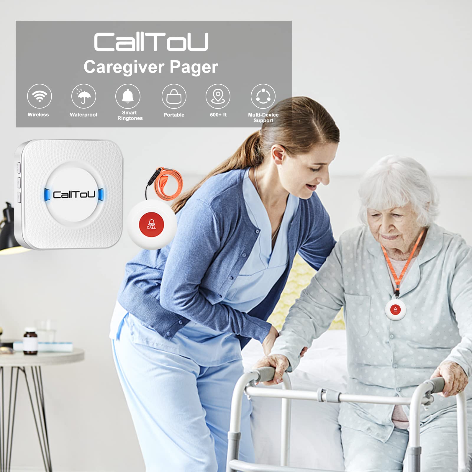 Calltou Caregiver Pager Wireless Call Button Nurse Alert System 500+ Feet For Home/Elderly/Patient/Disabled 1 Plugin Receiver 1