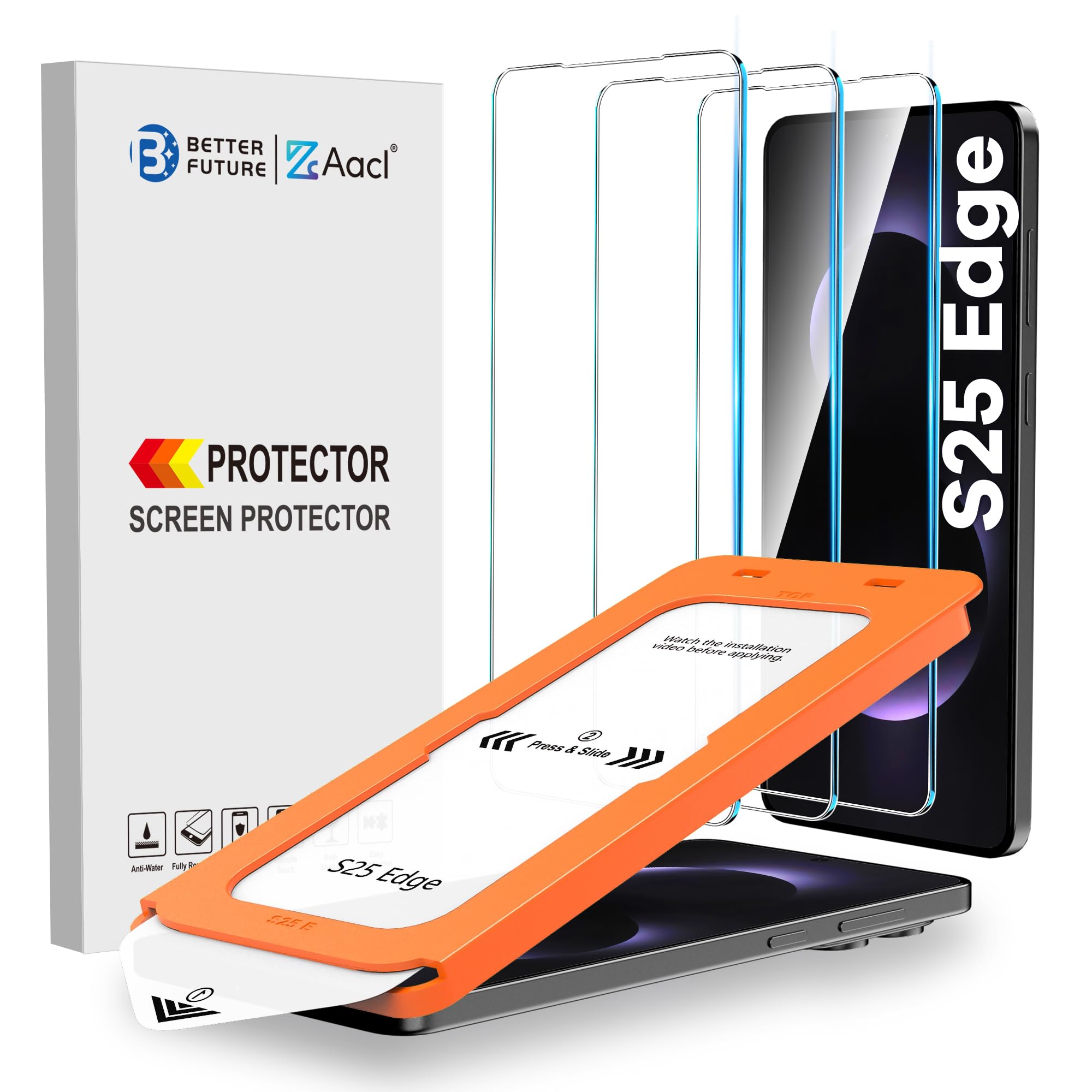 AACL 3-Pack for Samsung Galaxy S25 Edge Screen Protector Tempered Glass with Auto Dust-Elimination, Easy Installation, Bubble Fr
