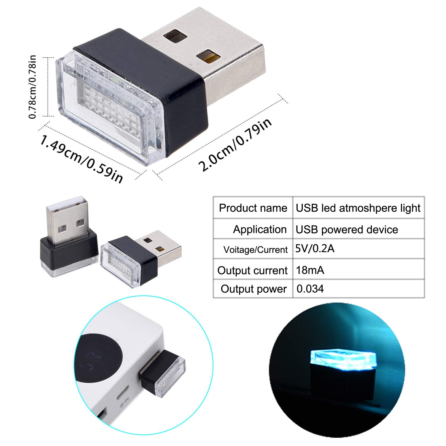 Febrytold 4Pcs Ice Blue Usb Car Interior Atmosphere Lamps, Universal Mini Led Usb Lights For Car Decoration, Lighting