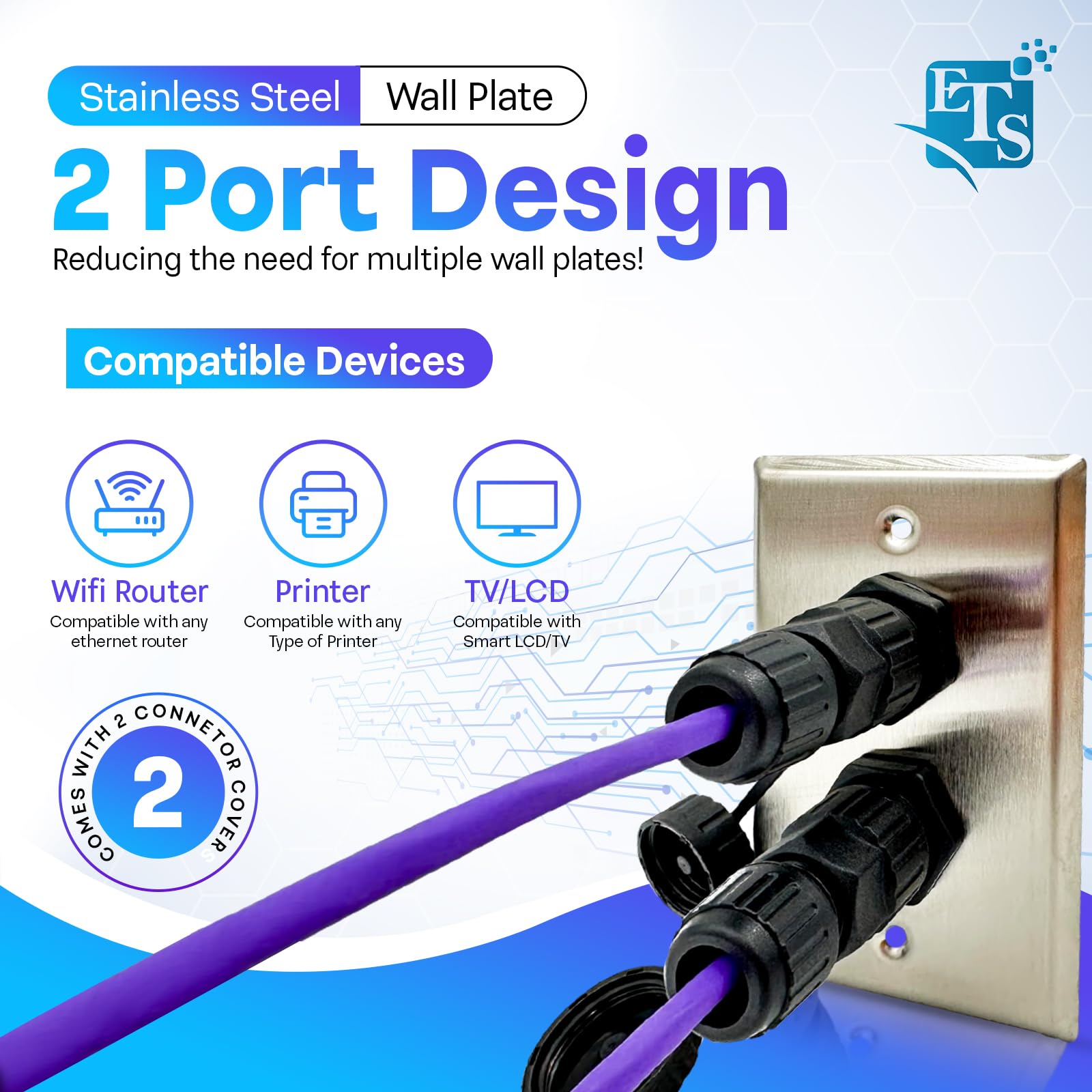 ETS Dual Gang Stainless Steel Outdoor Ethernet Wall Plate with Double IP68 RJ45 CAT6 Pass-Through Jack