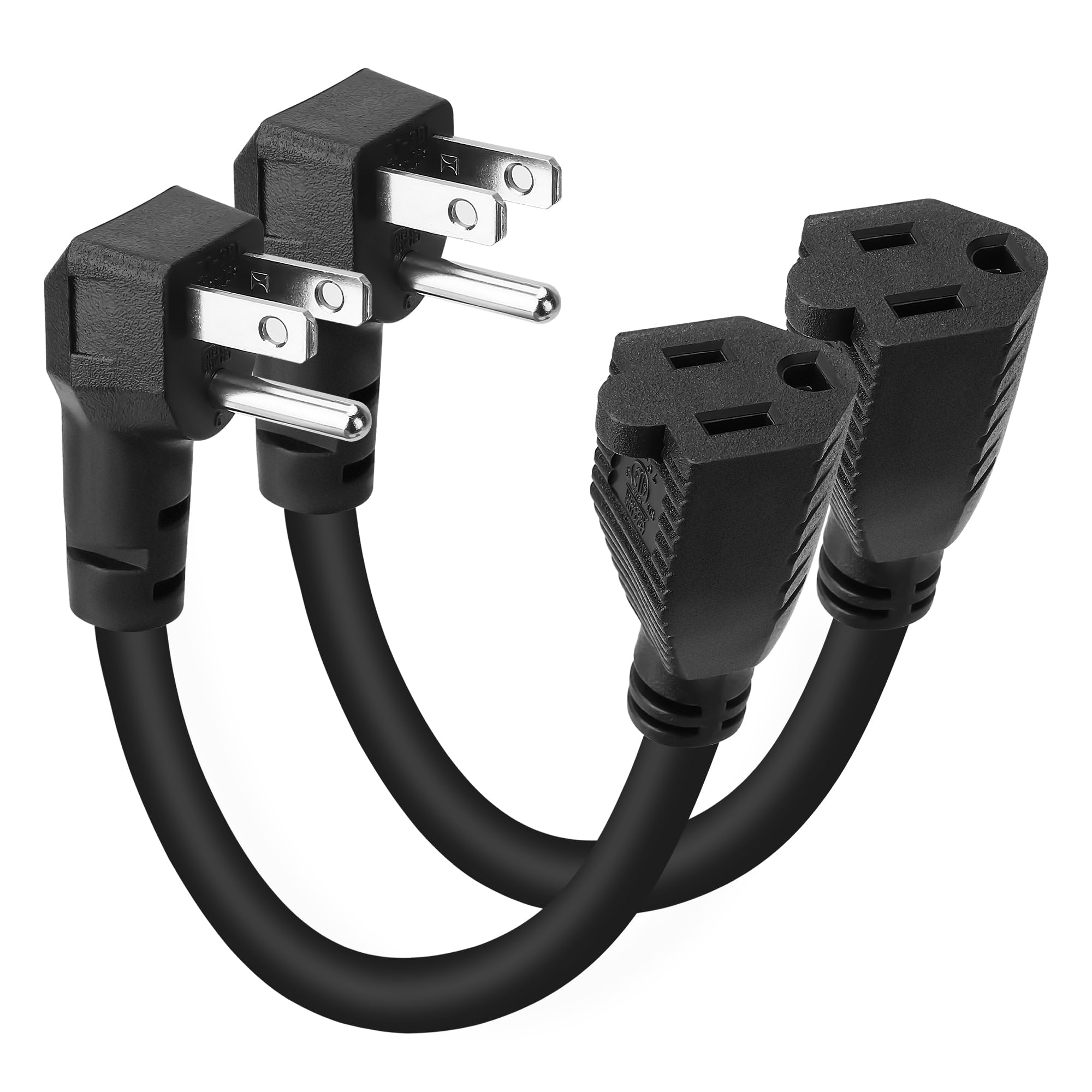 8 Inch Short Power Extension Cord 2 Pack,90 Degree Low Profile Flat Plug 3 Prong Male To Female Heavy Duty Grounded Power Extens