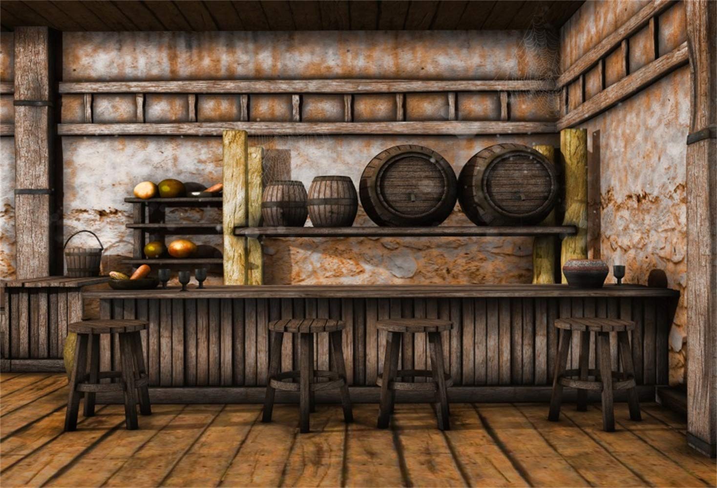 Laeacco 7X5Ft Shabby Saloon Tavern Interior Vinyl Photography Background Rustic Old Wall Wooden Bar Counter Tables Chairs Backdr