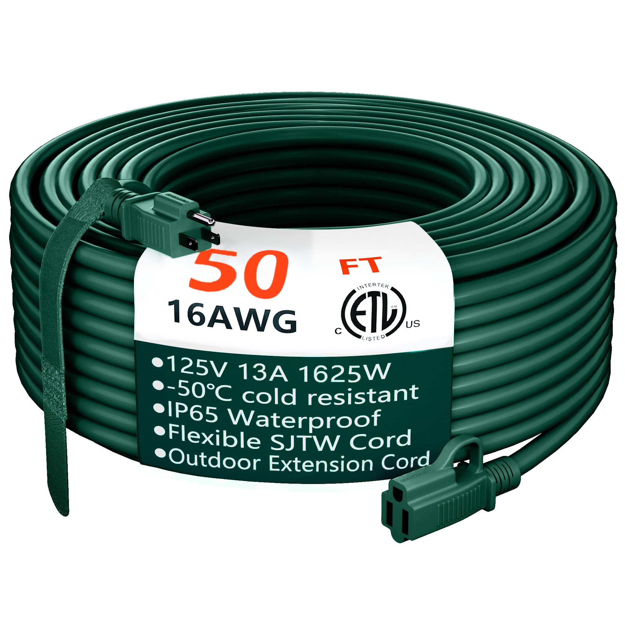 Huanchain Indoor Outdoor Green Extension Cord 50 Ft Waterproof, 16/3 Gauge Flexible Cold Resistant Appliance Extension Cord Outs