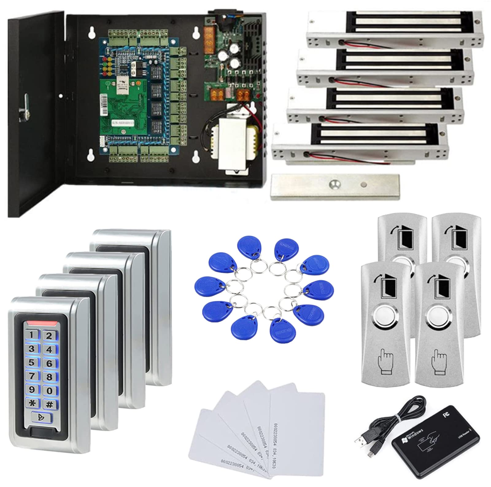 Mengqi Control Water Proof Metal Keypad Reader 4 Doors Access Control Kit Outdoor Install Magnetic Lock 110V Power Box Rfid Cards/Key Fob(Phone App Remotely Open Door)