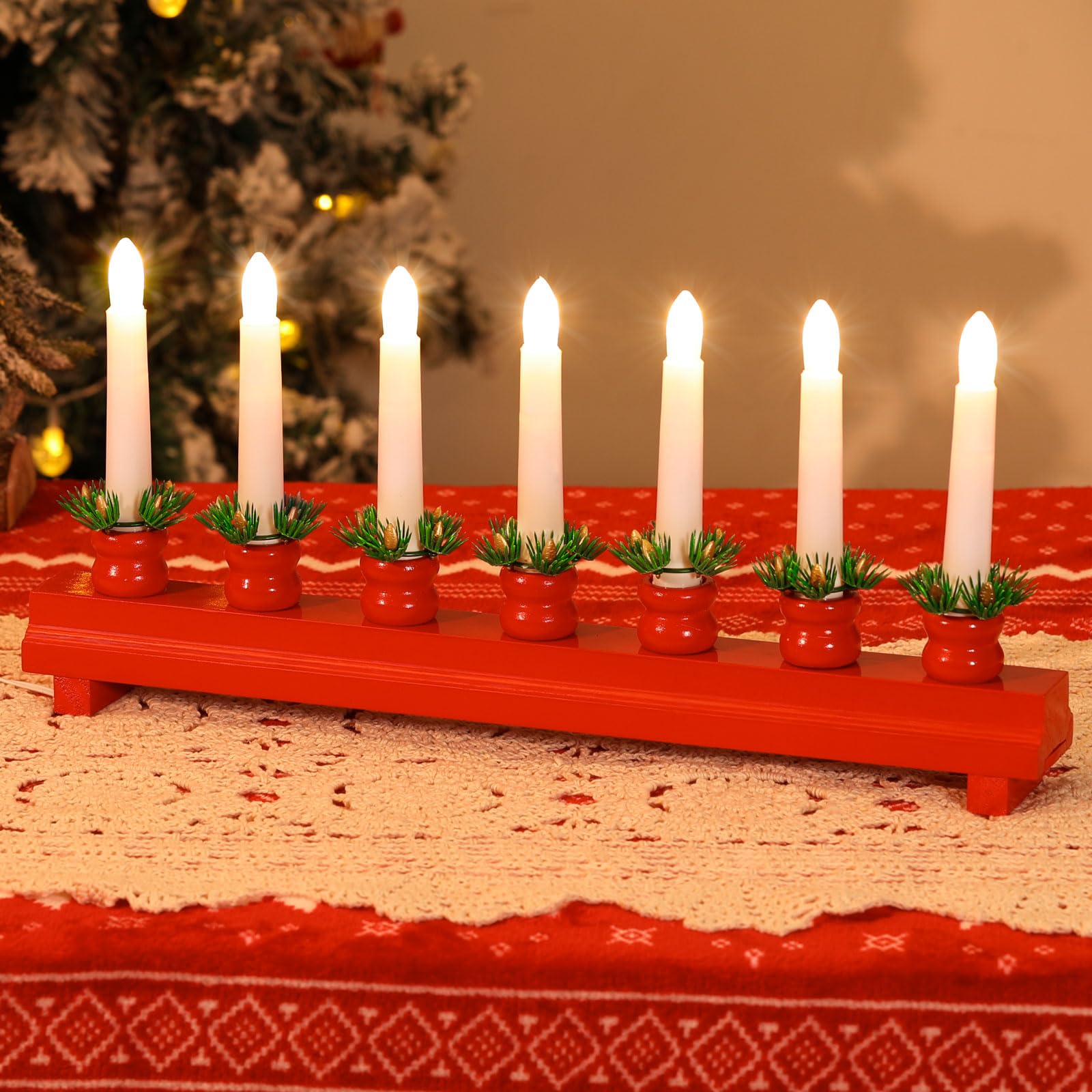 Lewondr Electric Christmas Candelabra With 7 Flameless Taper Candles, Usb Powered Wooden Candle Bridge Light For Decorative Xmas