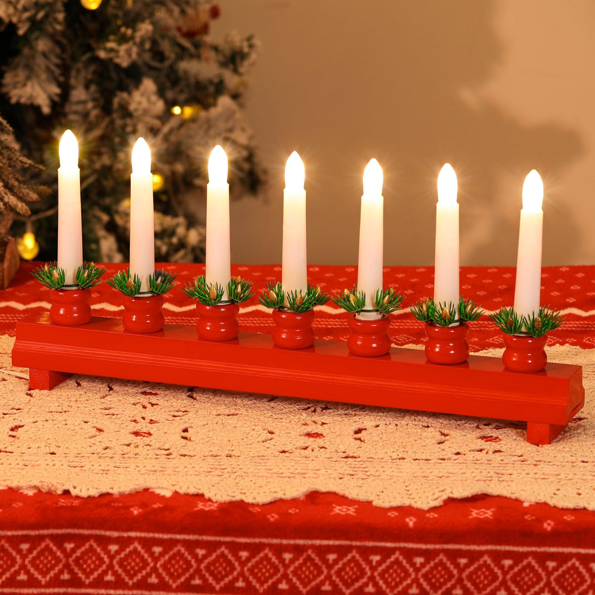 Lewondr Electric Christmas Candelabra With 7 Flameless Taper Candles, Usb Powered Wooden Candle Bridge Light For Decorative Xmas