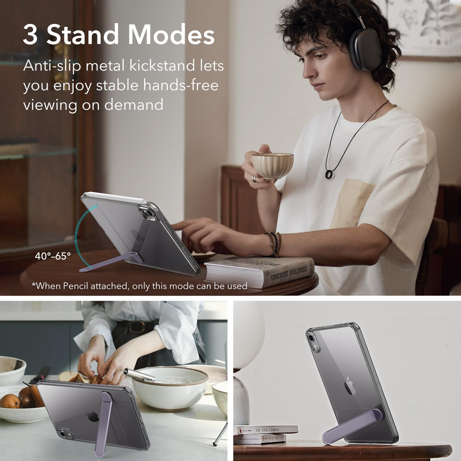 Esr For Ipad Mini 7 A17 Pro Case, Ipad Mini 7Th/6Th Generation Case With Stand(2024/2021), 3 Stand Modes, Slim And Light, Drop Safe, Supports Pencil Pro & Pencil (Usb C), Black Clear