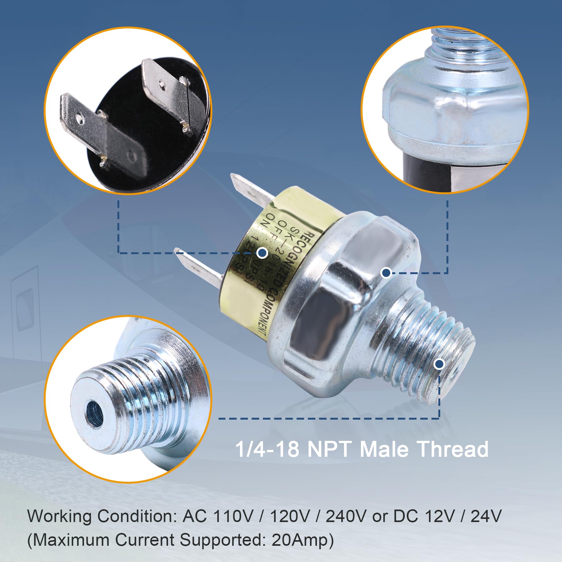 2 Piece Air Pressure Switch 120 150 Psi Tank Mount Thread 1/4'' Npt 12V/24V Dc Train Horn Valve 120 150Psi 1/4 Inch Air Compress