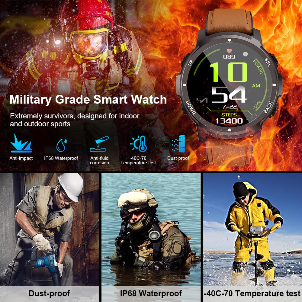 Basznrty Smart Watch For Men Fitness: (Make/Answer Call) Bluetooth Military Smartwatch For Android Iphone Phones Waterproof Outd