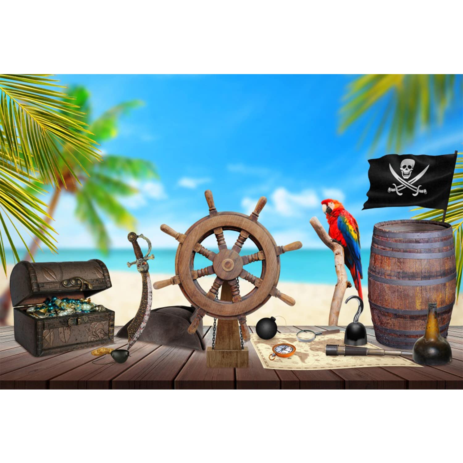 Lfeey 7X5Ft Pirate Themed Backdrop For Photography Old Wooden Rudder Wood Floor Pirate Ship Jewelry Box Barrel Seascape Photogra