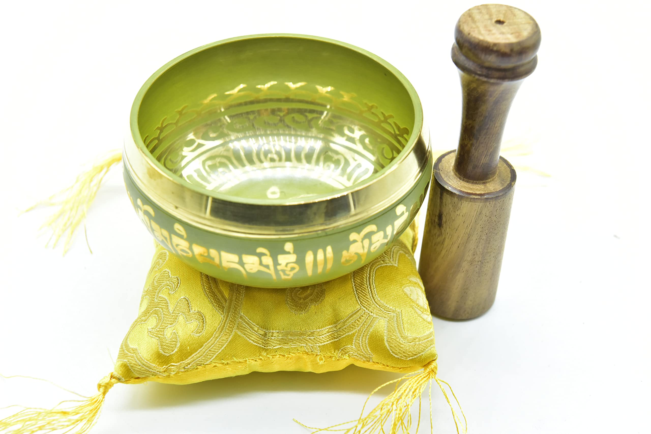 3.75'' Tibetan Meditation Yoga Singing Bowl Yellow Set With Free Wooden Mallet And Silk Cushion From Nepal, Singing Bowls.