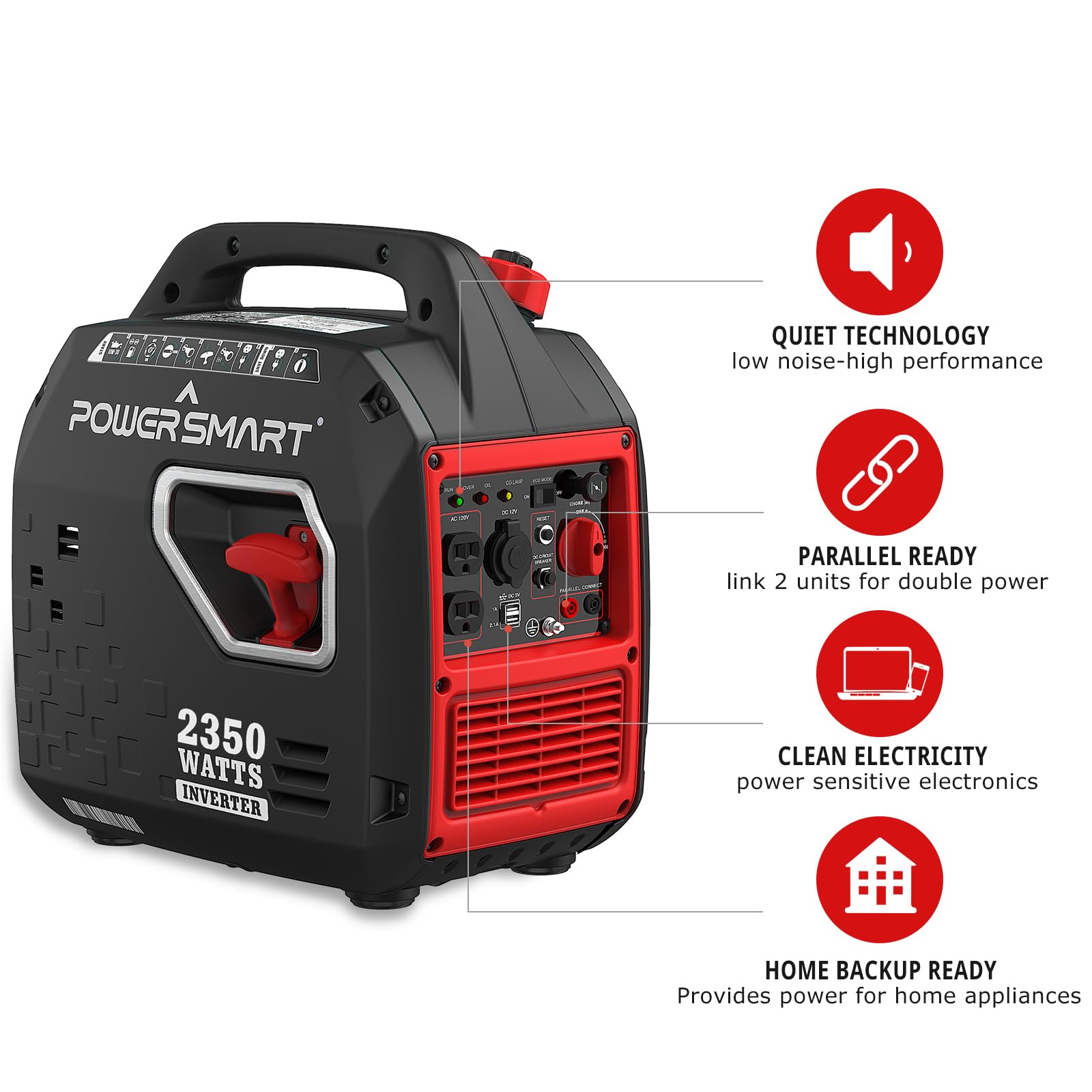 Powersmart 2350 Watt Portable Inverter Generator With Co Protect, Super Quiet Portable Generator Gas Powered, Ultral Light, Eco