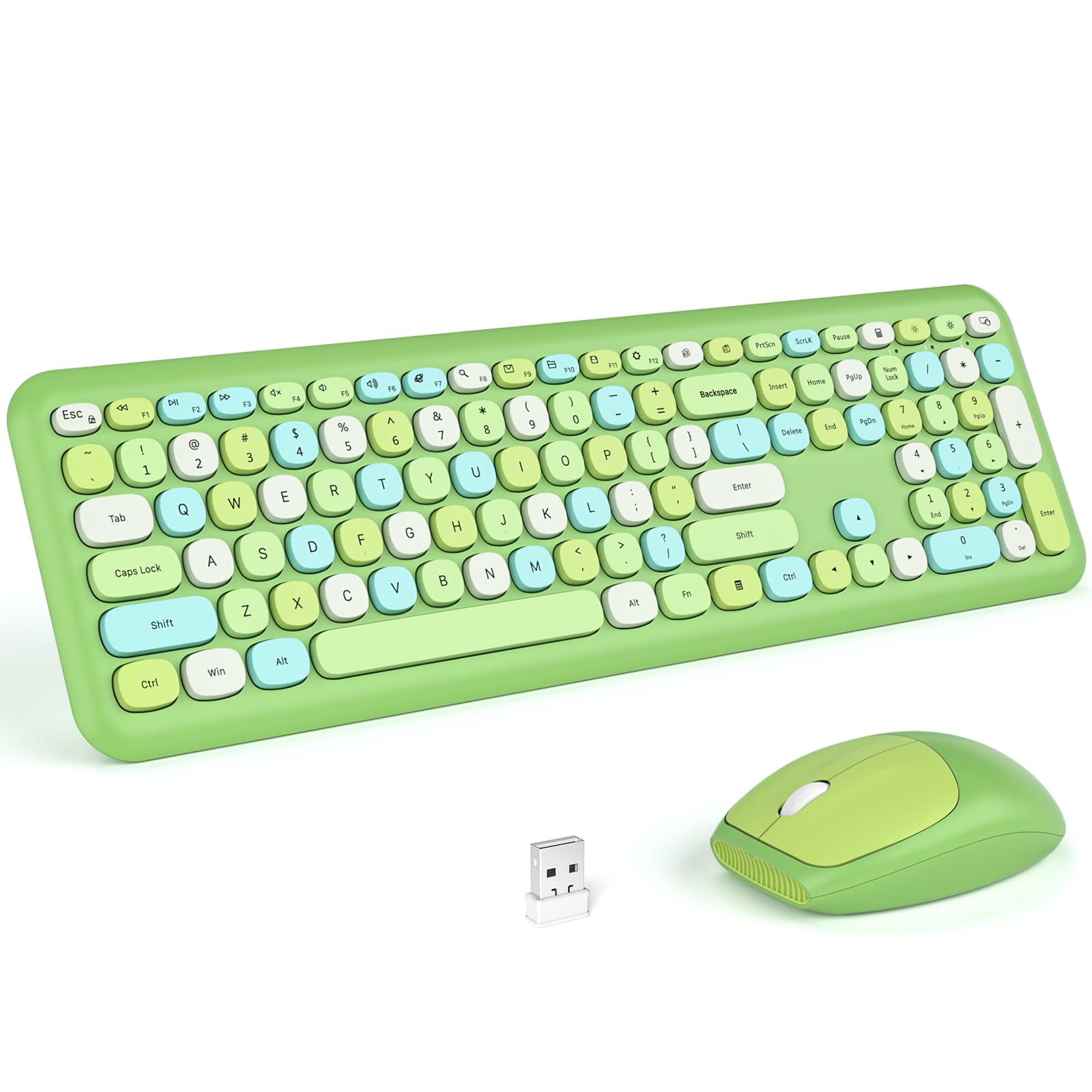 Knowsqt Wireless Keyboard And Mouse Combo, Pale Green Full Sized 2.4G Silent Keycap Colorful Keyboards, Usb Dongle Plug Play, La